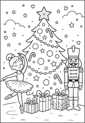  Coloring page for kids with a little Ballerina and Nutcracker  near the decorated Christmas tree from a fairytale
