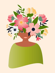 Portrait of a beautiful woman with flowers on her head on a light pink background for spring cards for Women's Spring Day. Vector.