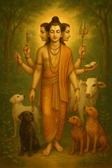 A traditional Indian painting of Lord Dattatreya depicted with three serene faces symbolizing Brahma, Vishnu, and Shiva, standing in a forest setting.