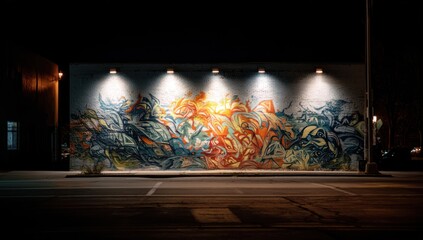 Obraz premium View Urban Art Illuminate on Building Exterior Paint at Night with City Murals Scene & Artwork Style