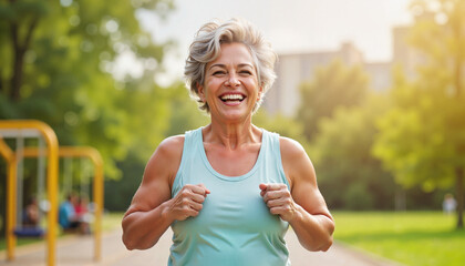 Joyful elder woman exercising in urban park during daytime, vitality