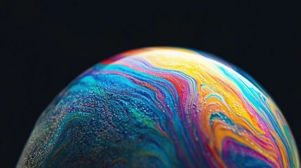 Macro shot of a colorful, iridescent soap bubble with swirling patterns.