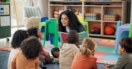 Reading, education and teacher with children in classroom for learning, books and students. Growth,...
