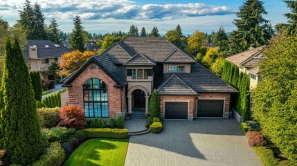 An aerial view of a beautiful two-story brick house with a well-manicured lawn.