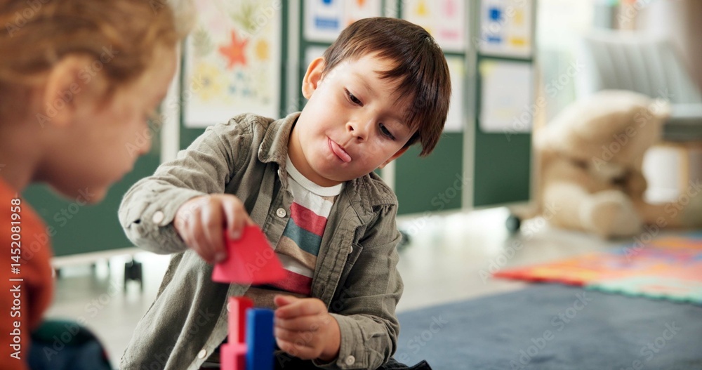 Poster education, boy and playing with building blocks in classroom for creative activity, development or g