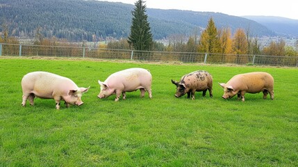 Fototapeta premium Pigs grazing on a lush green field at the farm