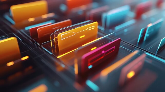 Abstract network grid with files and folders, futuristic software interface, digital document management system, store, search and organize documents, corporate business, paperless office,
 