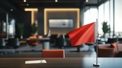 A red flag on a desk in a modern office, symbolizing business risks.