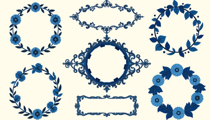 Fototapeta premium Floral-wreaths-ornamental-borders-blue-design-elements-vector-graphics