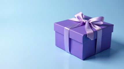 Obraz premium A Lavish Purple Gift Box with a Delicate Ribbon Bow on a Light Blue Background