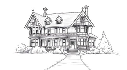 Fototapeta premium Hand-drawn sketch, Classic Victorian home, intricate wooden detailing, steeply pitched roof, charming garden pathway, rough lines, textured pencil strokes, white background