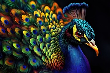 Fototapeta premium Stunning Peacock - Majestic bird displaying vibrant colors in a graceful pose