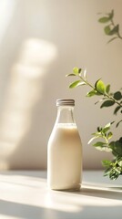 Sunlit Milk Bottle with Greenery  A Fresh, Natural Image
