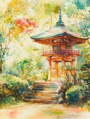Fototapeta premium A serene watercolor painting of a traditional Japanese temple surrounded by lush greenery. showcasing its intricate architecture and peaceful atmosphere