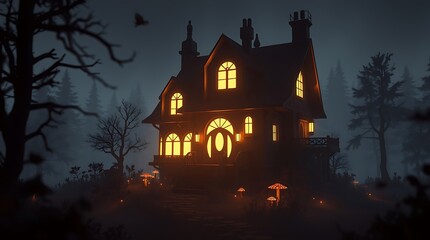 Futuristic sci-fi style 3D render of a silhouetted enchanted fairy tale cottage with glowing windows, whimsical mushroom garden, and misty forest, backlighting, advanced technology, space elements