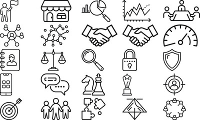 Editable Vector Icons of Business Strategy, Analytics, Security, and Collaboration