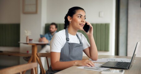 Coffee shop, phone call and woman with documents in cafe for menu items, inventory and online...