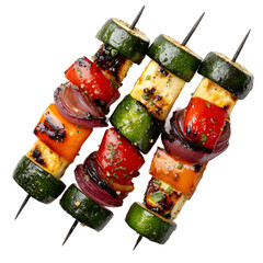 Three grilled vegetable skewers featu zucchini, bell pepper, onion, and halloumi cheese are displayed diagonally against a clean white background for a vibrant meal.