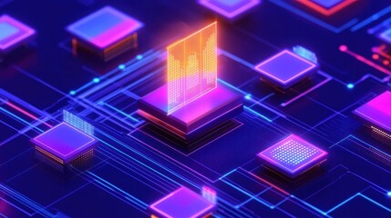 Digital grid environment, vibrant purple and blue abstract design with glowing blocks, futuristic tech theme, copy-space available.