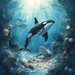 Obraz premium Orcas and Marine Life in a Sunlit Underwater Coral Reef