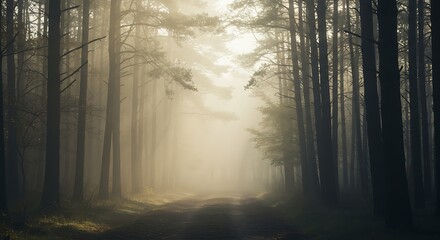 Fototapeta premium Foggy Forest Path: Sun Rays Pierce Through Trees, Creating Dreamy, Ethereal Mood at Sunrise/Sunset with Atmospheric Haze