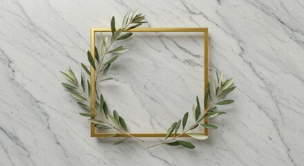 Olive Branch Frame on Marble, Elegant Decoration Template