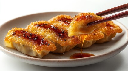 Fried dumplings on a plate with chopsticks and sauce.