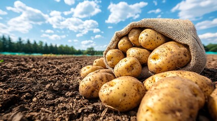 Harvested potatoes in burlap sacks beside field, arranged naturally on ground with background trees and clouds, detailed texture of sack fabric and root vegetables