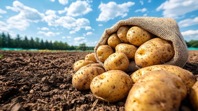 Harvested potatoes in burlap sacks beside field, arranged naturally on ground with background trees and clouds, detailed texture of sack fabric and root vegetables
