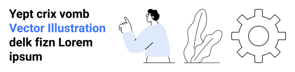 Man pointing upward, alongside abstract plant and mechanical gear. Ideal for creativity, innovation, technology, teamwork, ideas, growth, and a simple landing page