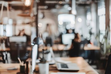 Fototapeta premium Modern Office Workspace: A Blurred View of Productivity and Collaboration in a Shared Work Environment, Featuring Desktops, Laptops, and Plants, Enhancing Creativity and Innovation.