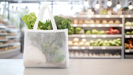 A large white mesh tote bag filled with vegetables stands on the counter of an organic grocery store in soft focus. In the background, shelves of fresh produce are blurred out by bright lights.