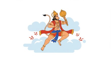 Fototapeta premium Illustration of Hanuman in Mid-Air with Mace Amidst Clouds and Vegetation