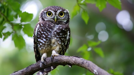 A spotted owlet perched on a branch, staring directly at the viewer.