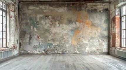 A weathered room with peeling paint, wooden floors, and brick accents.