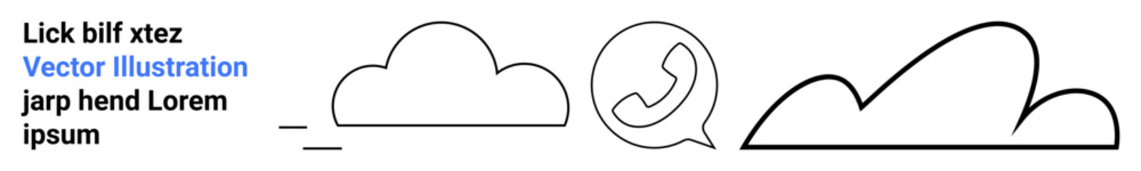 Three abstract cloud shapes and a circular phone call icon represent online storage, connectivity, networking, cloud computing, modern communication, remote access, simple landing page