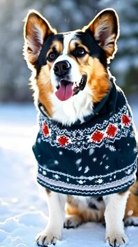Happy Welsh Corgi dog wearing decorative winter sweater in snow, looking up and around with curious expression. Dog turns head and smiles, showing its cheerful disposition in snowy setting.