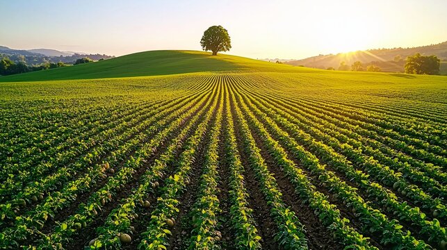 Minimalist potato field scene at dawn, sparse layout, single tree on hill behind field, warm morning glow, long shadows, earthy tones with soft gradients