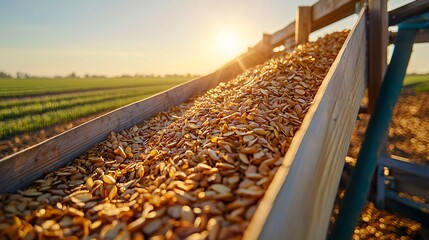 Morning view over sustainable potato farm, golden sunlight reflecting from compost stations, green crop rows leading into horizon, clear visual hierarchy