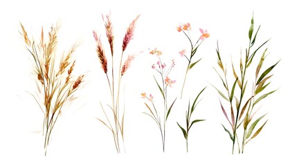 Four different types of flowers are shown in a row. The flowers are of various sizes and colors, with some being larger and more vibrant than others. Scene is one of natural beauty and diversity