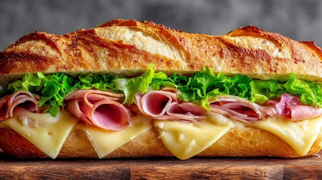A savory sub sandwich filled with cheese, ham, and fresh lettuce.