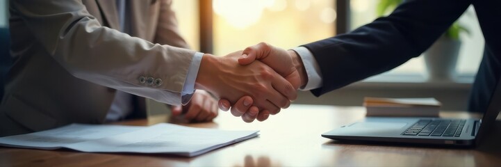 Obraz premium Close-up handshake across office table Recruitment meeting , employer, job