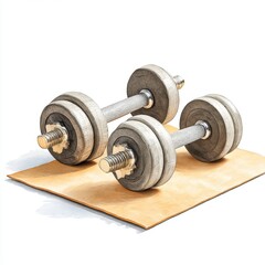Fototapeta premium Gray Dumbbells on Beige Mat Fitness and Strength Training Equipment