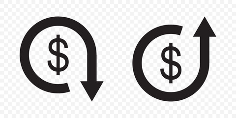 Cost reduction- decrease dollar icon on Transparent Background. EPS 10. Cost reduction icon vector. Dollar Down Icon vector. 
