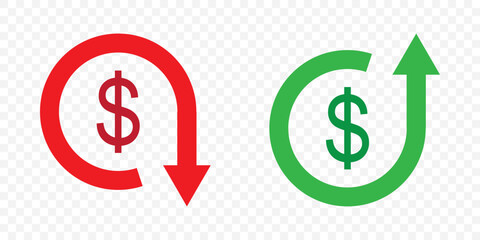 Red and Green cost reduction icon vector. dollar decrease sign. profit decrease symbol. cost saving sign. vector illustration on transparent background. EPS 10.