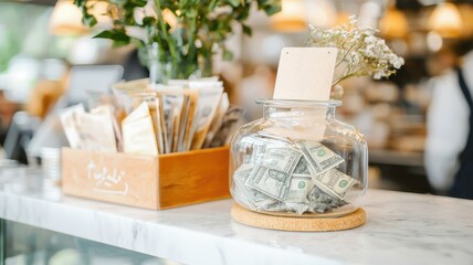 Tipping as a polite gesture. Cash jar with bills on a cafe counter, surrounded by flowers and a collection of receipts.