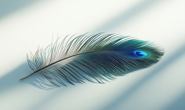 Iridescent peacock feather dances in light