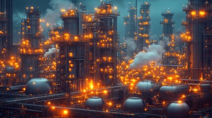 Obraz premium Industrial cityscape with lights pipes and smoke against a dark blue sky.