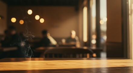Ethereal Smoke Rising in Cafe: Sunny Wood Table, Soft Bokeh Lights, Interior Scene, Tranquil Mood, Atmospheric Warmth, Restaurant Ambience, Blurry Figures, Relaxation