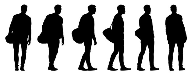 Vector concept conceptual black silhouette of a man carrying a duffel bag from different perspectives isolated on white background. A metaphor for sport, fitness, travel and active lifestyle